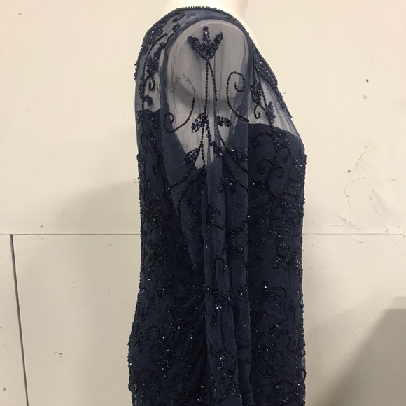 Pisarro Nights Sheer Beaded Bodice 3/4 Sleeve Gown - Picture 5 of 10